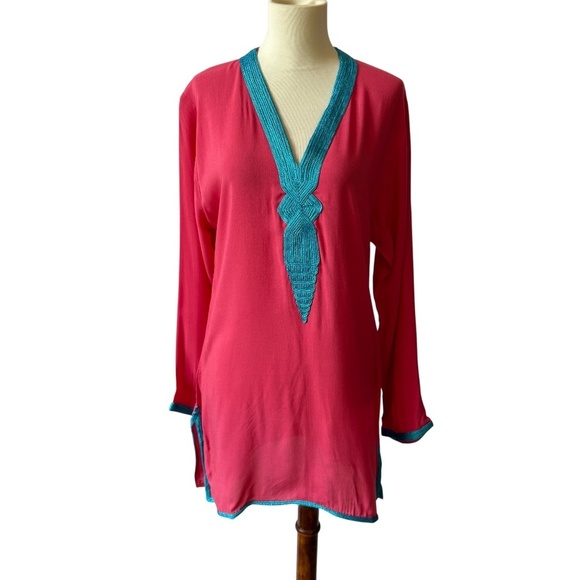 MADELINE WEINRIB TUNIC TOP V NECK LONG SLEEVE ETHNIC INSPIRED BOHEMIAN ELEGANT M - Picture 2 of 11